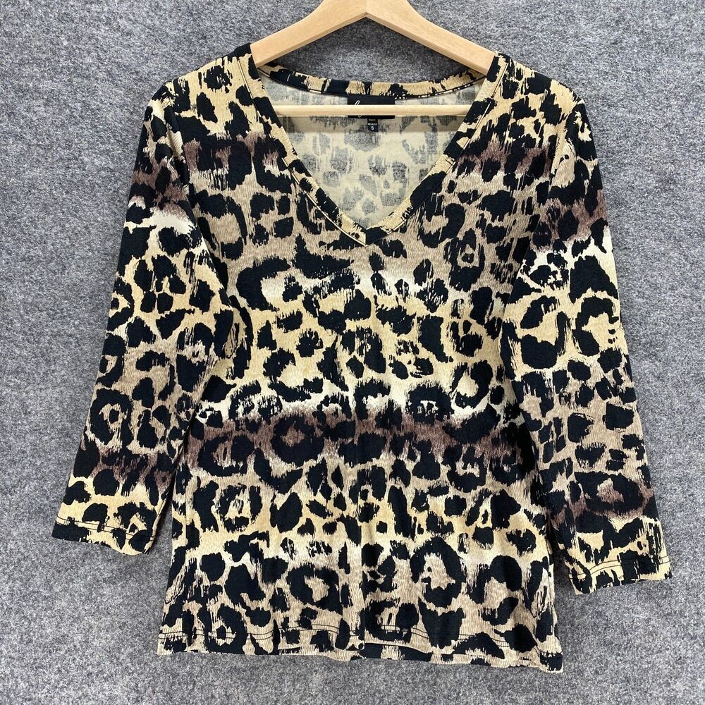 LYNN RITCHIE Blouse Women S Small Beige Animal Print V-Neck 3/4 Sleeve Silk